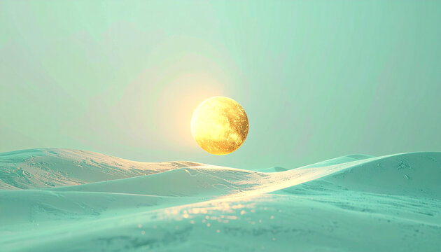 Surreal golden orb hovering over a serene, snow-covered landscape.