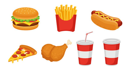 Collection of popular fast food items including burger fries hot dog pizza chicken and drinks.