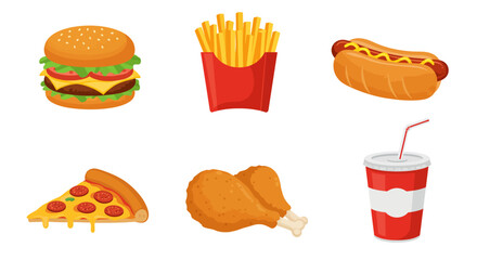 Collection of popular fast food items including burger fries hot dog pizza chicken and soda.