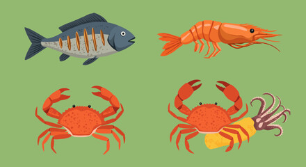 Naklejka premium Collection of Seafood and Marine Life Illustrations.