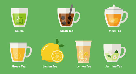 Collection of Various Types of Tea Drinks in Glasses and Cups.