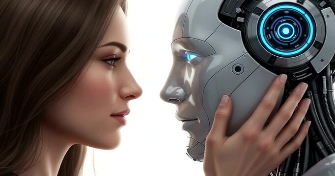 Human and robot face to face, woman touching the robots face gently