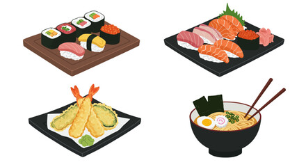 Japanese Food Assortment Sushi Sashimi Tempura Ramen Bowl.