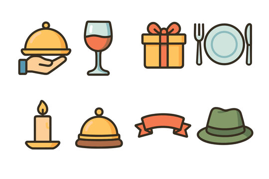Festive dining and celebration icons for event invitations and design. Set of 6 Christmas vector illustration