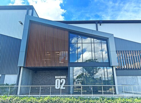 The front of a warehouse unit in a larger warehouse complex