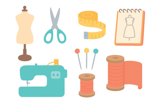 Sewing tools and materials for crafting clothing designs. Set of 6 Christmas vector illustration