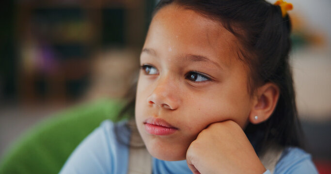 Thinking, student and decision with child in home for brainstorming, math solution and vision. Reflection, problem solving and education mindset with girl in house for studying, curious and memory