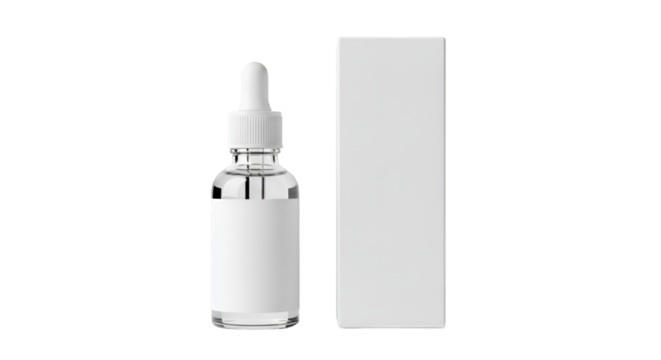 Dropper bottle and box on black background serum essential oil