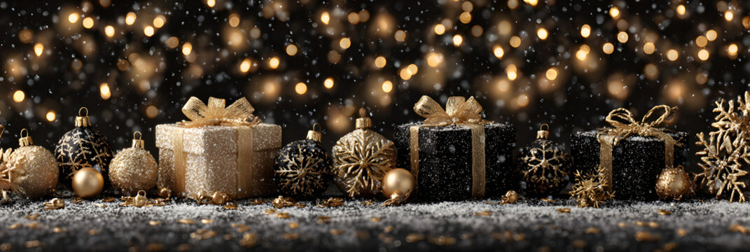 Christmas banner. Background Xmas design of sparkling lights garland, with realistic gifts box, black snowflake and glitter gold confetti. Horizontal christmas poster, greeting cards, headers, website