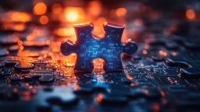 Puzzle piece, circuit board, glowing tech