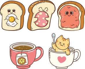 Cute happy toast cartoon doodle hand drawn character illustration