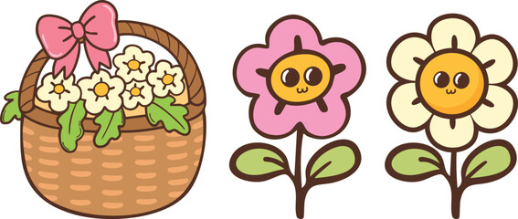 basket with cute flower cartoon doodle hand drawn