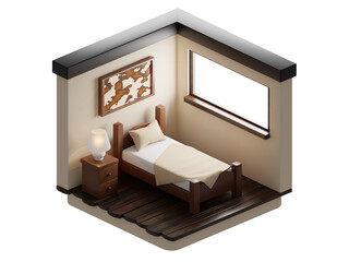 Isometric 3d cozy style interior of a bedroom on a transparent background