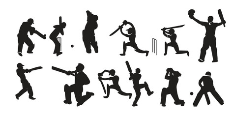 Naklejka premium Set of cricket action silhouette icons