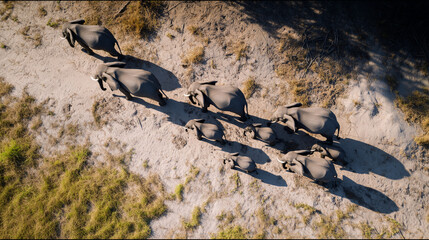 Elephant Herd on the Move: A majestic elephant herd traverses a rugged terrain, showcasing their immense size and inherent familial bond as they navigate their surroundings.