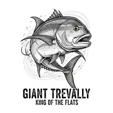Giant Trevally as a logo print design on various media such as t-shirts, mugs, hats, tote bags, etc. for various events related to fishing hobbies, vintage cartoon flat design illustrations
