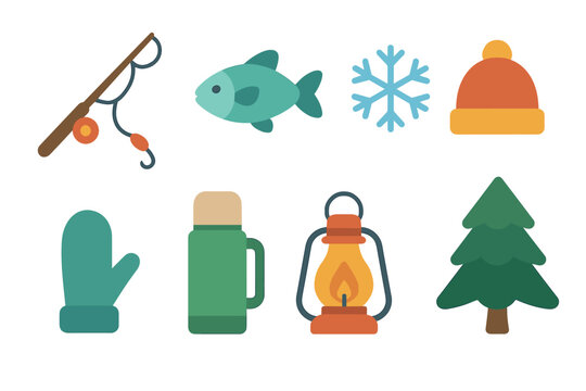 Winter fishing essentials for an enjoyable outdoor adventure. Set of 6 Christmas vector illustration