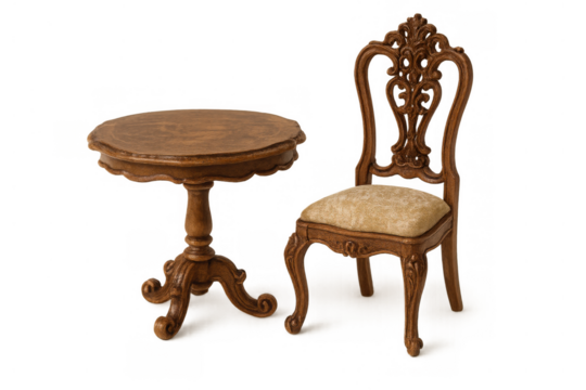 Miniature rococo style wooden table and chair set having ornate carvings, dollhouse furniture on transparent background