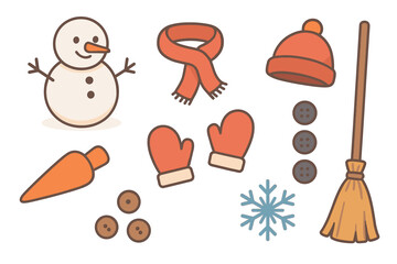 Winter accessories and snowman for festive decoration and crafts. Set of 6 Christmas vector illustration