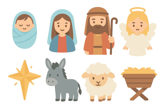 Nativity scene characters for Christmas storytelling and decor. Set of 6 Christmas vector illustration
