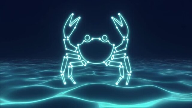 Soft aqua neon lines ripple like waves, connecting dots to reveal the Cancer crab symbol. Gentle pulse effects, moonlight reflection style, deep ocean blue background