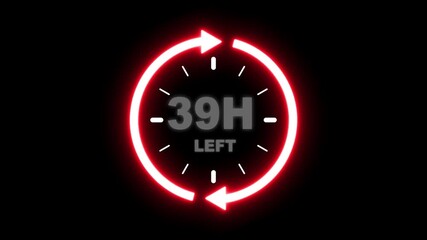 24 hours clock with circle arrow and the numbers 39 Hour left. video animation on alpha channel background, Clock timer, time passage waiting time animation (4K). 39 Hour Countdown timer. Clock icon. 