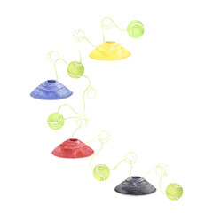 Training cones with soft balls watercolor illustration