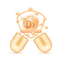 Orange vitamin D3 in shield surrounded by atoms molecules float out of the open capsule on white background. Pill drug vitamins complex. For design dietary supplement products. 3D vector.