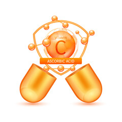 Orange ascorbic acid vitamin C in shield surrounded by atoms molecules float out of the open capsule on white background. Pill drug vitamins complex. For design dietary supplement products. 3D vector.