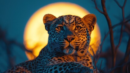 Leopard portrait against a full moon, lying down, illuminated by soft warm light
