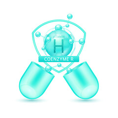 Green coenzyme r vitamin H in shield surrounded by atoms molecules float out of the open capsule on white background. Pill drug vitamins complex. For design dietary supplement products. 3D vector.