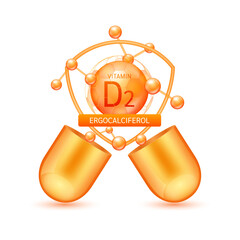Orange vitamin D2 in shield surrounded by atoms molecules float out of the open capsule on white background. Pill drug vitamins complex. For design dietary supplement products. 3D vector.