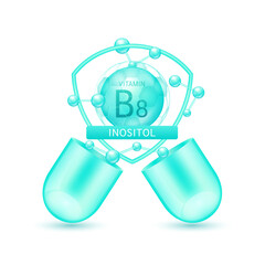 Green inositol vitamin B8 in shield surrounded by atoms molecules float out of the open capsule on white background. Pill drug vitamins complex. For design dietary supplement products. 3D vector.