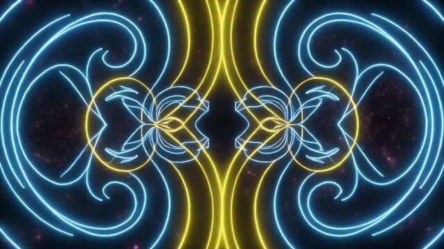 Twin neon blue and yellow lines swirl and intertwine, forming two mirrored figures of Gemini. Light trails leave glowing particles, smooth 2D motion with cyberpunk atmosphere