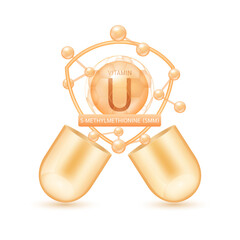 Orange vitamin U in shield surrounded by atoms molecules float out of the open capsule on white background. Pill drug vitamins complex. For design dietary supplement products. 3D vector.