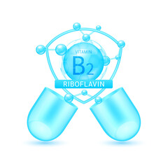 Blue riboflavin vitamin B2 in shield surrounded by atoms molecules float out of the open capsule on white background. Pill drug vitamins complex. For design dietary supplement products. 3D vector.