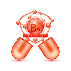 Red pyridoxine vitamin B6 in shield surrounded by atoms molecules float out of the open capsule on white background. Pill drug vitamins complex. For design dietary supplement products. 3D vector.