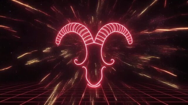 2D animation of glowing neon red lines tracing the Aries constellation in the night sky, the lines spark and connect to form the Aries symbol. Futuristic synthwave background, black and crimson glow