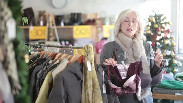 Uncertain mature woman choosing convenient bra in clothing shop during Christmas sale. High quality 4k footage