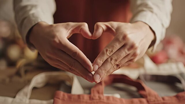 Woman's Hands Forming Heart Shape Over Fabric Bags In Warm Lighting