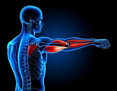 Medical illustration of human skeletal structure, highlighting arm muscles in a blue neon aesthetic against a dark background - Powered by Adobe