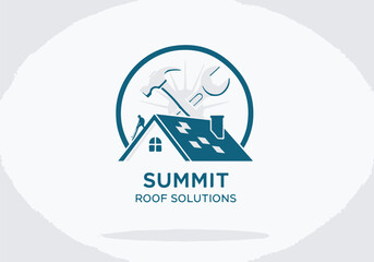 Logo design for roofing repair company with house, hammer, and wrench vector icon.