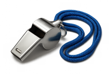 Silver metal whistle with blue lanyard, signaling authority, control, and sports competition, on transparent background