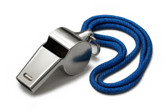 Silver metal whistle with blue lanyard, signaling authority, control, and sports competition, on transparent background