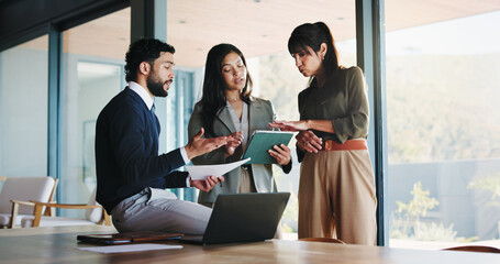 Collaboration, project management and tablet with business people in office for plan development. App, laptop and meeting with corporate employee team in boardroom at work for discussion or research