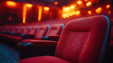 Red theater seats in a dimly lit auditorium