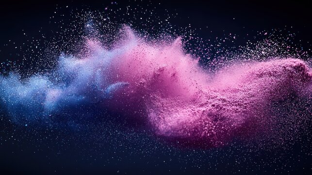 Pink and blue powder explodes against a dark background, creating swirling chaos - Powered by Adobe