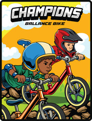 Happy kids playing balance bike available for poster design