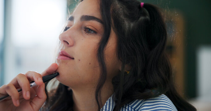 Home, thinking and woman with ideas, college student and planning for assignment. Apartment, university and person with contemplation, problem solving and phd research with solution or school project