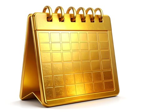 Golden calendar icon, a shiny, metallic, 3D render on white background